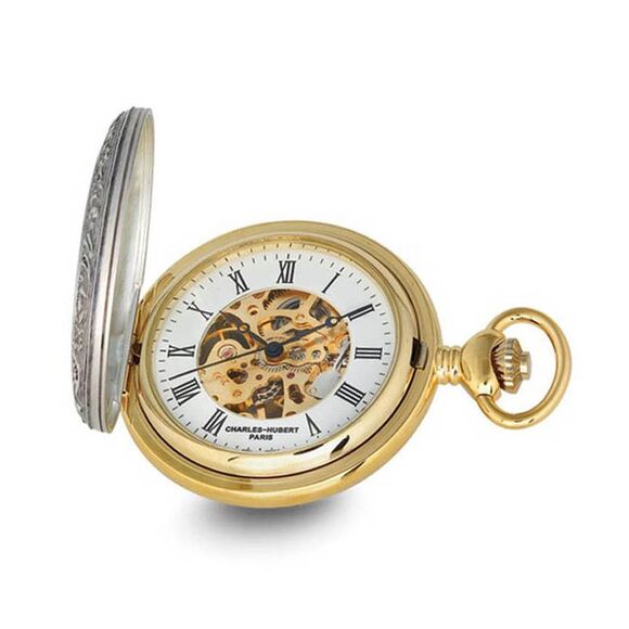 Charles Hubert 2-tone Crown & Shield Skeleton Dial Pocket Watch